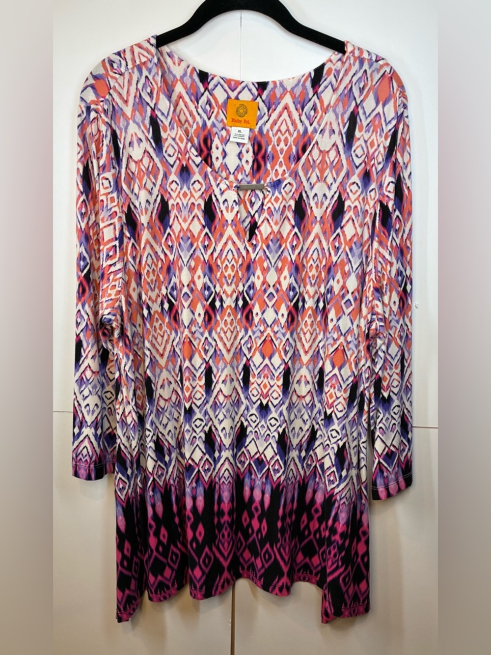 Ruby Rd. Ikat Print Tunic Top Pink Purple Orange Boho Stretch Blouse Size XL